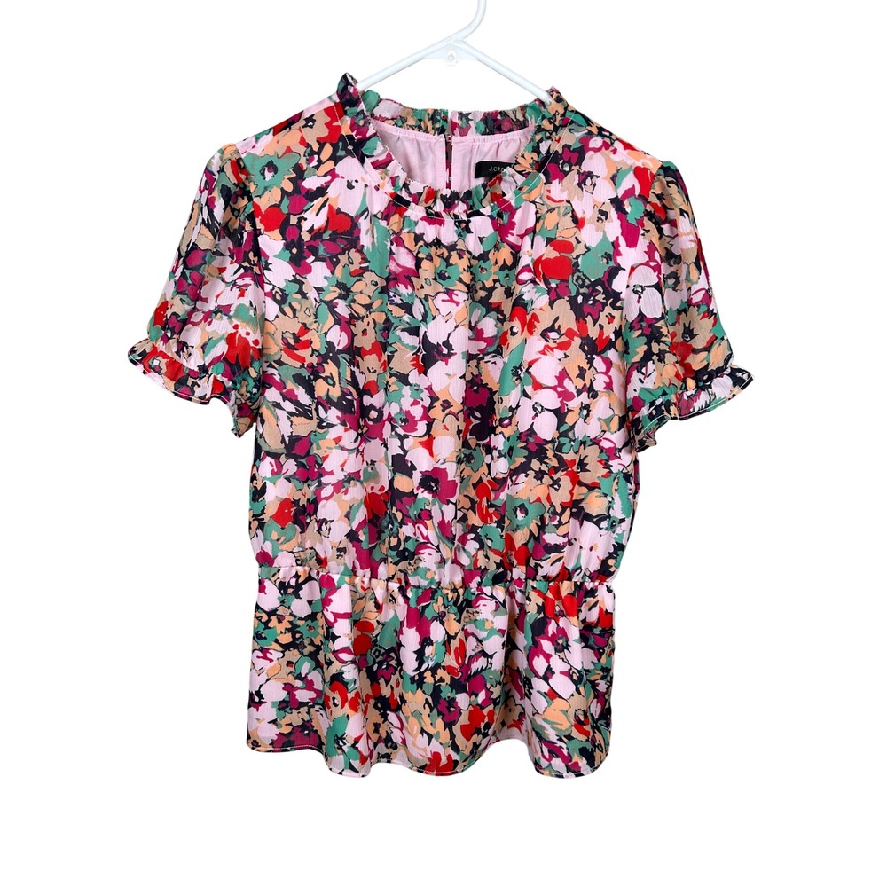 J.Crew Floral Blouse Women's Small Pink Ruffle Mock Neck Short Sleeve Top Shirt